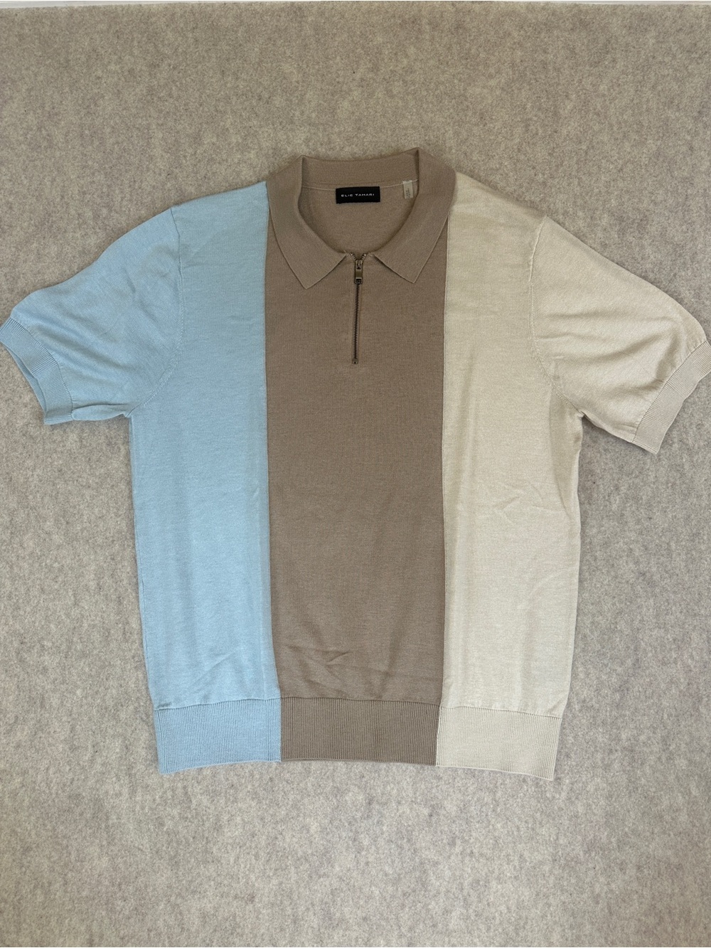 Elie Tahari Blue, Brown & Cream Zip Polo